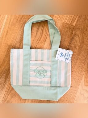 Trader Joe's Mint Green & Cream Small Striped Tote Bag NWT